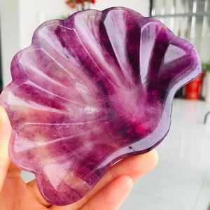 418g Natural Colour Fluorite Quartz Crystal Carved Shell Bowl Healing G990 - Foto 1 di 14