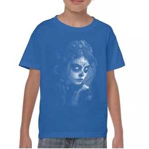 Sugar Skull Lace Youth T-shirt Black White Day of the Dead Gothic Beauty Kids - Picture 1 of 50