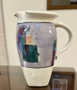 Postmodern Ceramic Pottery Pitcher Artist Signed MCM Geometric Studio Art 9-1/2 - Picture 1 of 12
