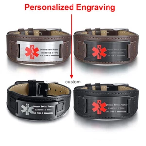 Personalized Custom Leather Medical Alert ID Men Bracelet Bangle Free Engraving - Picture 1 of 15