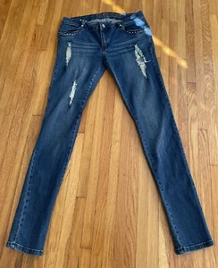 Pantalones de mezclilla Krembo para mujer talla 13 azul ajustados desgastados adornados rasgados - Imagen 1 de 12