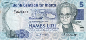 Banconota MALTA 5 Liri 1986 P-38 VF - Foto 1 di 4