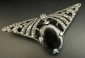 Art Deco Stil schwarz Onyx Cabochon Marcasit oxidiert Sterlingsilber Brosche - Bild 1 von 7