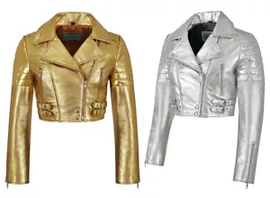 Ladies High Waist Rock-Chick Cropped Gold/Silver Foil Real Lambskin Jacket 5625 - Picture 1 of 11