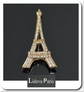 XL Brooch Eiffel Tower Vintage Bride Rhinestone Gold/Clear 35 MM X 70 MM Paris - Picture 1 of 1