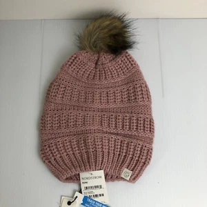 Treasure & Bond Beanie Hat Pink Chunky Knit Pom Pom Faux Fur One Size - Picture 1 of 4