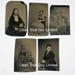 5 Tintype Photographs. Well Dressed Women. Stripes, Dots. Ferrotype c1860s-1890s - Picture 1 of 6