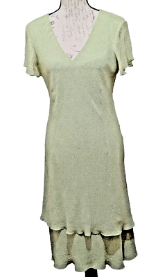 Coldwater Creek Silk Dress  10  Soft Green  Ruffle Sleeves Hemline  Cottage Core - Image 1 of 4