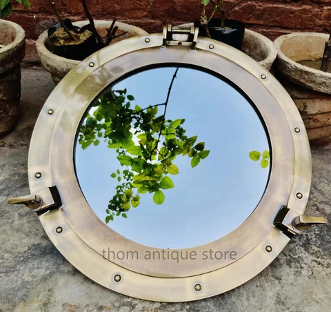 Nautical Wall Mount Mirror ~ Brown Antique Finish ~ Ship Cabin Mirror ~ 20" Cover