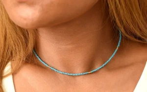 Turquoise Micro Faceted Round Gemstone 18" Tiny Sparkly Beads Necklace For Girls - Picture 1 of 6
