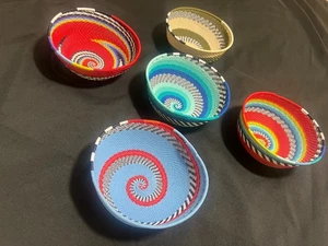 Set of 5 hand-weave South African wire basket 6" X 3" African Art Deco - Picture 1 of 10