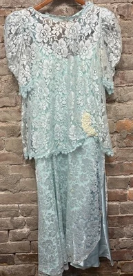 Vintage JCPenney Two Piece Aqua Taffeta & Lace Short Sleeve Formal Dress 1980s - Image 1 of 4