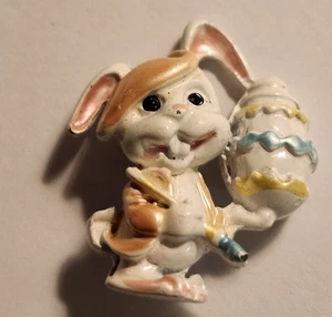 Vintage White Easter Bunny Holding Egg Brooch - Picture 1 of 3