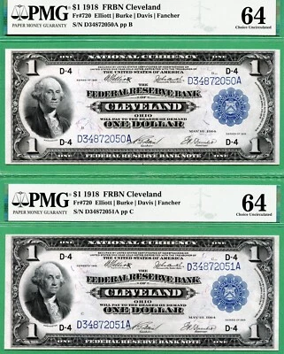 TWO CONSECUTIVE - CLEVELAND - 1918 $1 FRBN - PMG CU 64 - Fr 720 Elliott / Burke - Image 1 of 2