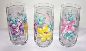 3x Libbey Glass Company 1970's Floral 16oz Tumbler Purple Yellow Pink Glassware - Picture 1 of 7