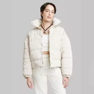¡NUEVO! Abrigo chaqueta acolchada edredón brillo iridiscente para mujer, beige claro - Wild Fable - Imagen 1 de 11