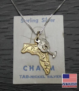 Vintage Sterling Silver Gold Florida State Charm Pendant Box Necklace 18 inches - Imagen 1 de 8