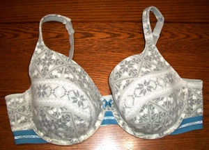 CACIQUE 42DD GRAY WHITE FAIRE ISLE LANE BRYANT U/W T-SHIRT BRA~BLUE SILVER TRIM - Picture 1 of 13
