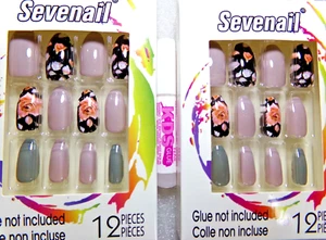 Sevenail Shiny Neutral Mauve, Gray with Pink Roses 24 Nails GLUE-On Medium - Picture 1 of 2