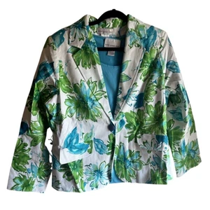 Susan Graver 16 grün blau Blumen Aquarell Druck Ein Knopf Kerbe Blazer Shell - Bild 1 von 12