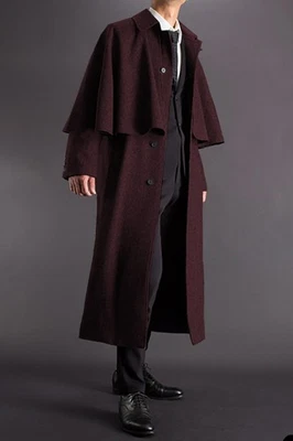 British Wool Blend Men's Long Overcoat with Cape Winter Warm Coat Outdoor Wear - Image 1 of 4