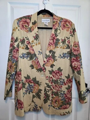 Blazer Cathy Daniels Mezcla de Lino Amarillo Estampado Floral Años 80 90 M Cottagecore Artístico Foto 1 de 4