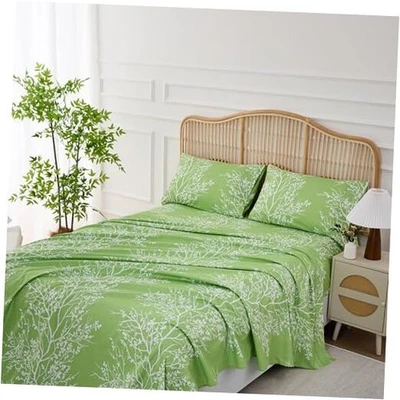  Sábanas Tamaño - Microfibra Pura 4 Piezas Poliéster Cama Queen Verde/Blanco Foto 1 de 4