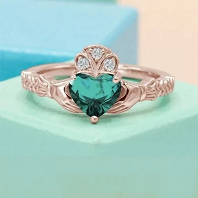 Heart Shape Green Tourmaline Engagement Ring, Unique Claddagh Style Wedding Ring - Image 1 of 4