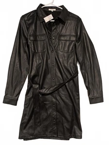 Maurices Faux Leather Belted Button Shirt Dress Black Long Sleeve Womens Medium - Picture 1 of 8