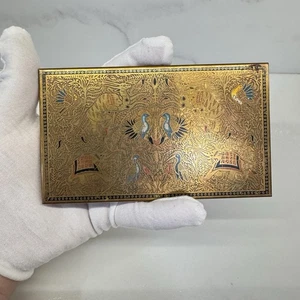 Vintage Messing Volupte Zigarettenetui USA, Vögel Tiere Pfau Pfauen Emaille - Bild 1 von 13