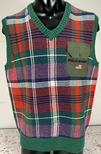 Polo Sport Ralph Lauren Red Rocks V Neck Wool Vest Sz L Plaid $298 - Picture 1 of 7