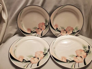 4 Vtg Sango Jolie 253319 7 5/8" Salad Plates Pink Flowers Green Black Lines EUC - Picture 1 of 4