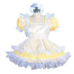 Sissy Maid Lockable Yellow Satin Organza Dress Cosplay Costume Tailor-made - Bild 1 von 3