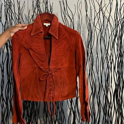 Chaqueta Charlotte Russe Para Mujer Y2K Gamuza Cuero Genuino Medio Óxido Encaje Frontal Foto 1 de 4