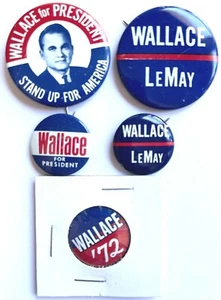 FIVE ORIGINAL VINTAGE 1968-72 GEORGE WALLACE PIN BACK BUTTONS ELECTION PINBACKS - Picture 1 of 3