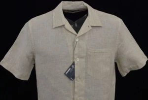 Men's MURANO Khaki Natural Linen Fitted Open Neck S/S Shirt Large L NEW NWT - Picture 1 of 5
