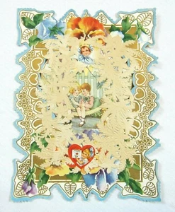 Vintage Valentine XL Girl Boy Hammock Dog Ship Diecut Paper Lace UNSIGNED 1920s - Picture 1 of 12