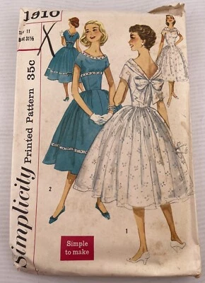 50s Junior Misses’ & Teen 1-piece Dress W/ Bow Sewing Pattern Simplicity 1910 - Image 1 of 3