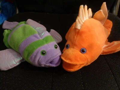 RARE LIFELIKE CALTOY  PLUSH ORANGE & PURPLE HAND PUPPETS EXCELLENT FISH - Image 1 of 4