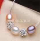 925 Sterling Silver 8-9mm purple Freshwater rice Pearl crystal ball Necklace18"