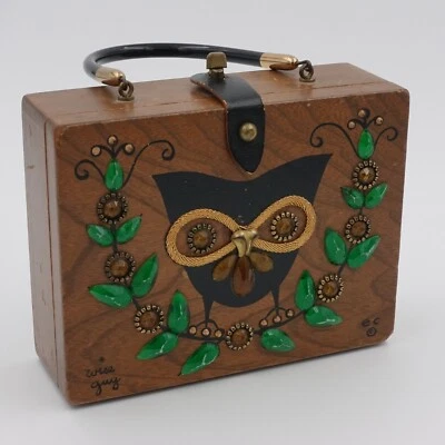Enid Collins of Texas Vintage Wooden Purse Box Bag Wise Guy Owl Good Condition - Image 1 of 4