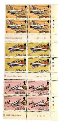 Gibraltar stamps 1982 Aircraft set MNH corner plate blocks of 4 SG 460-474 - Image 1 of 4