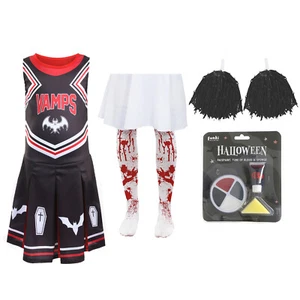 GIRLS VAMPIRE HALLOWEEN CHEERLEADER FANCY DRESS COSTUME AND ACCESSORIES SET - Picture 1 of 9