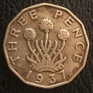 1937 UK Three Pence Coin - Picture 1 of 2