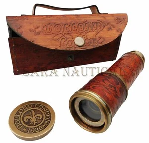 Telescope Antique Brass Nautical Vintage Spyglass Leather Decorated With Case - Bild 1 von 8