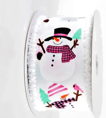 Christmas Snowman 2.5" by 5 yd Wired Ribbon White Chenille Edges Pink Mint NEW - Image 1 of 4