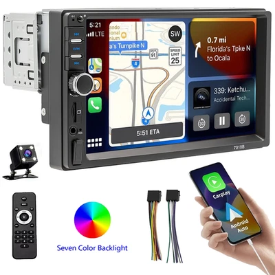 Single 1 DIN 7" Car Stereo BT CarPlay FM Radio Touch Screen with Backup Camera - Image 1 of 4