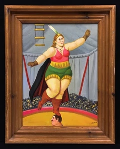 Late 20th Century Oil On Board Circus Painting. Signed. After Fernando Botero - Picture 1 of 7
