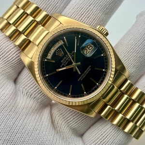 Rolex President 18038 Day-Date 18K Yellow Gold Black Dial Men Watch - Picture 1 of 7