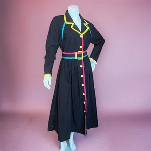 Abito camicia Leslie Lucks vintage anni 80 taglia 10 bordo arcobaleno risvolto manica lunga - Foto 1 di 8